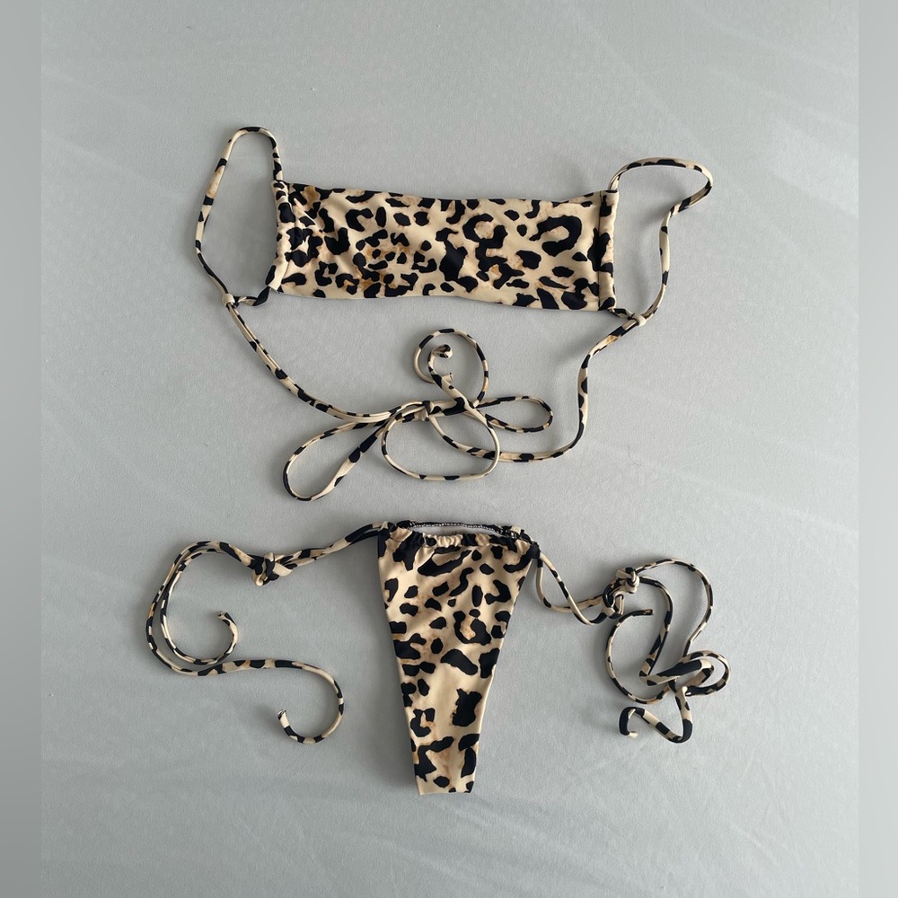 Leopard Print Bandeau Tie Side Cheeky Bikini Set Size S
